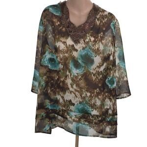 Peck & Peck Shirt Womens 3X Brown Teal Sheer Beaded Neck Tunic Artsy Top Chiffon
